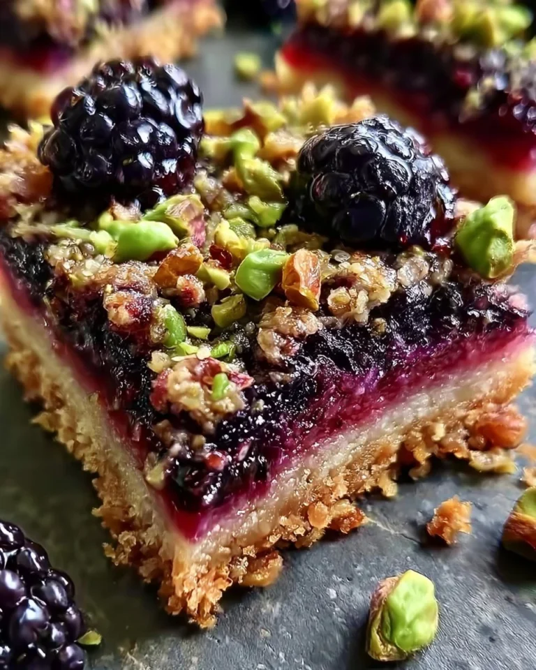 Delicious Blackberry Pistachio Dream Bars on a wooden table