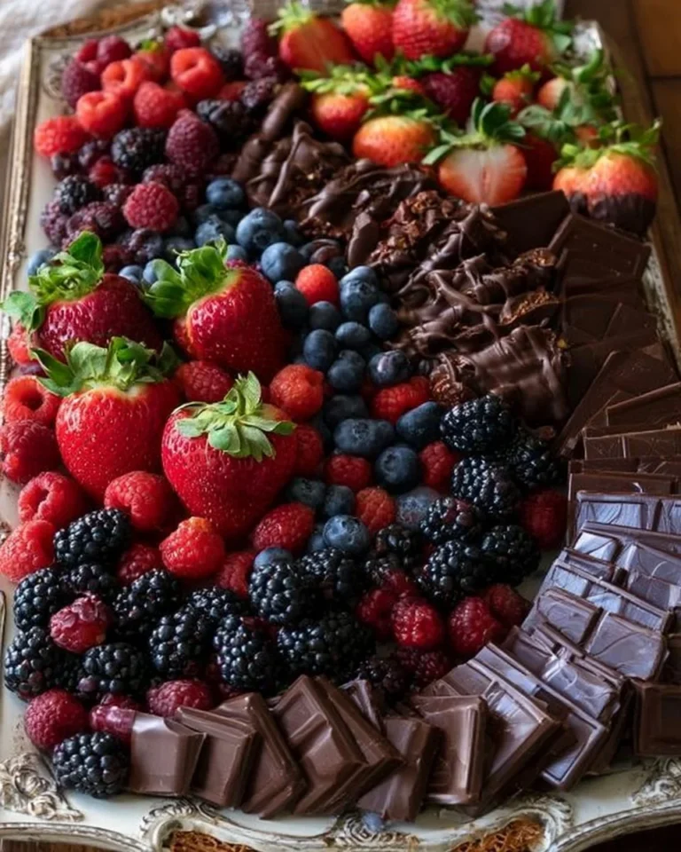 Delicious chocolate berry platter with assorted fruits and chocolate drizzle.