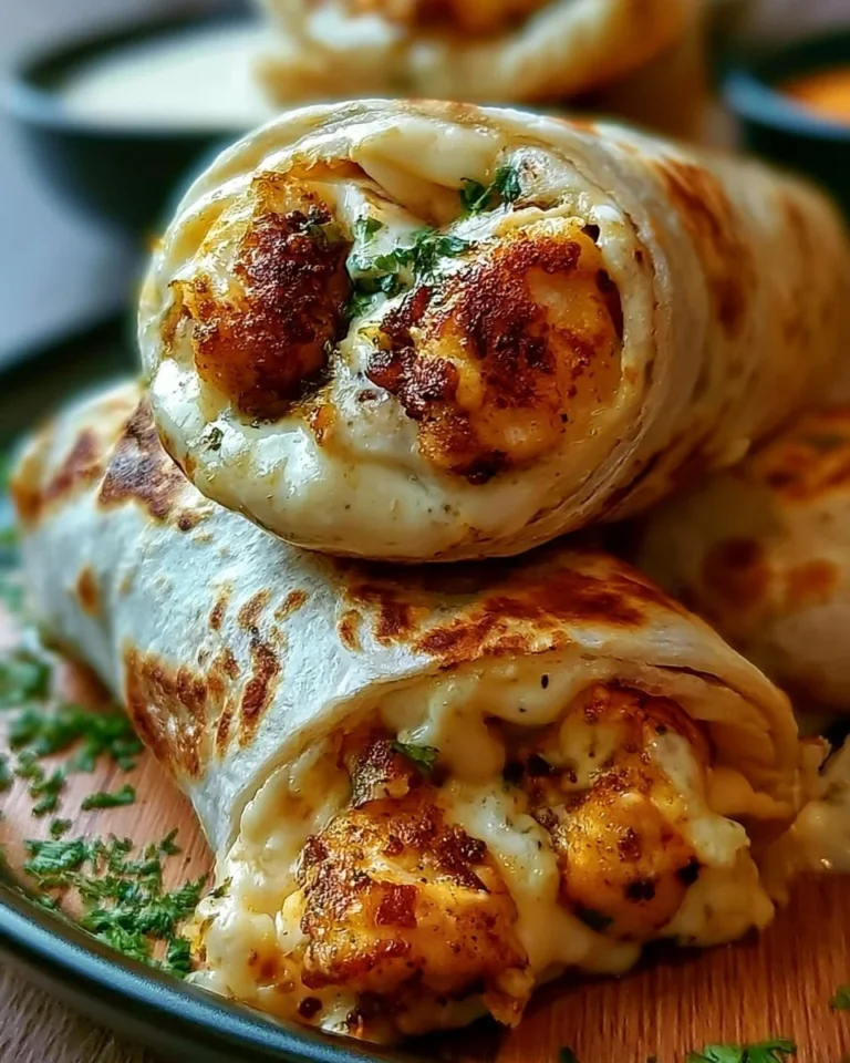Cozy cheesy garlic chicken wraps served on a plate, garnished with herbs