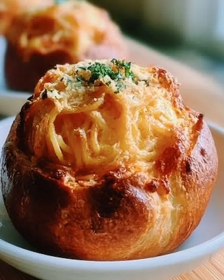 Spaghetti served in garlic bread bowls, a delicious and creative meal presentation.