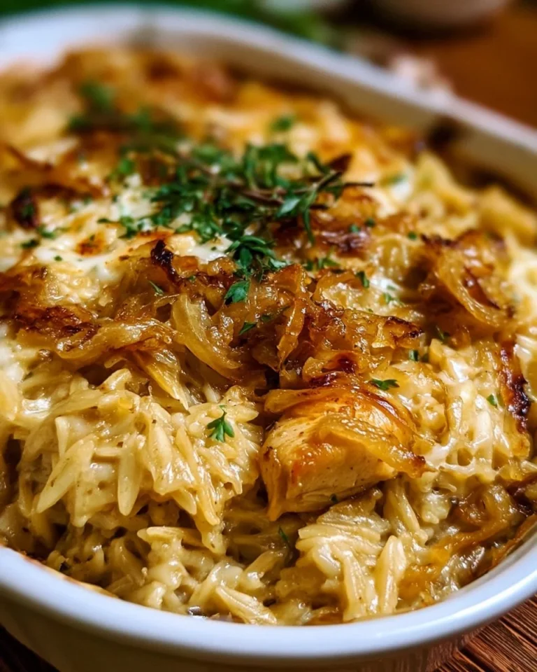 Delicious French Onion Chicken Orzo Bake topped with cheese