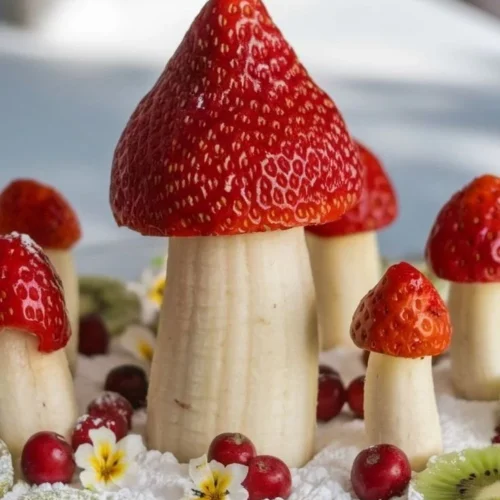 Assorted fruit mushrooms displayed on a wooden table.