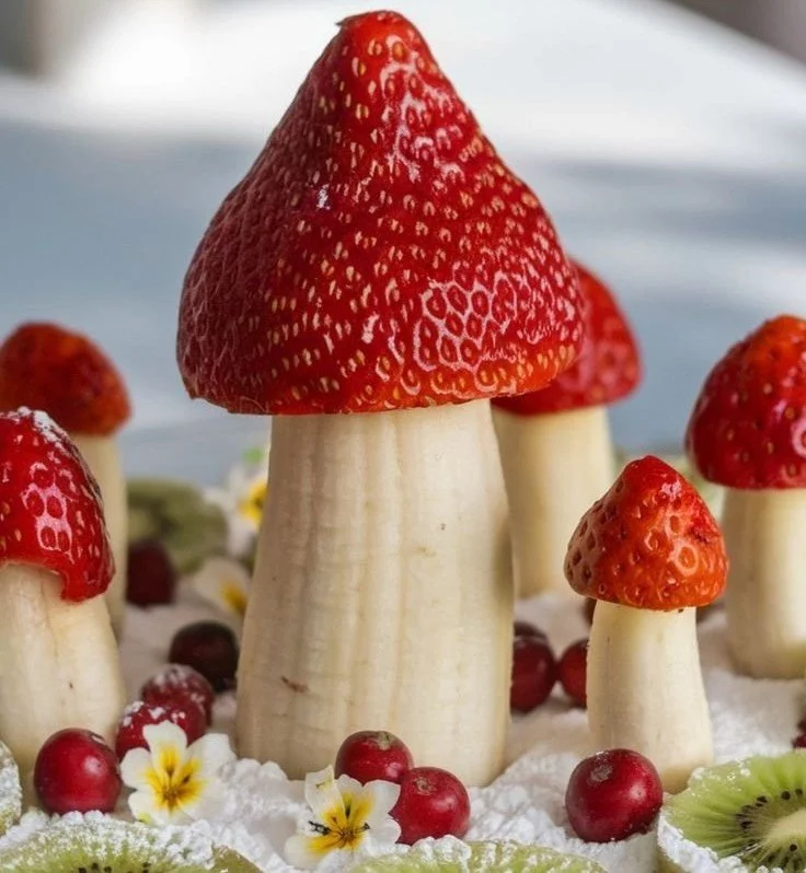 Assorted fruit mushrooms displayed on a wooden table.