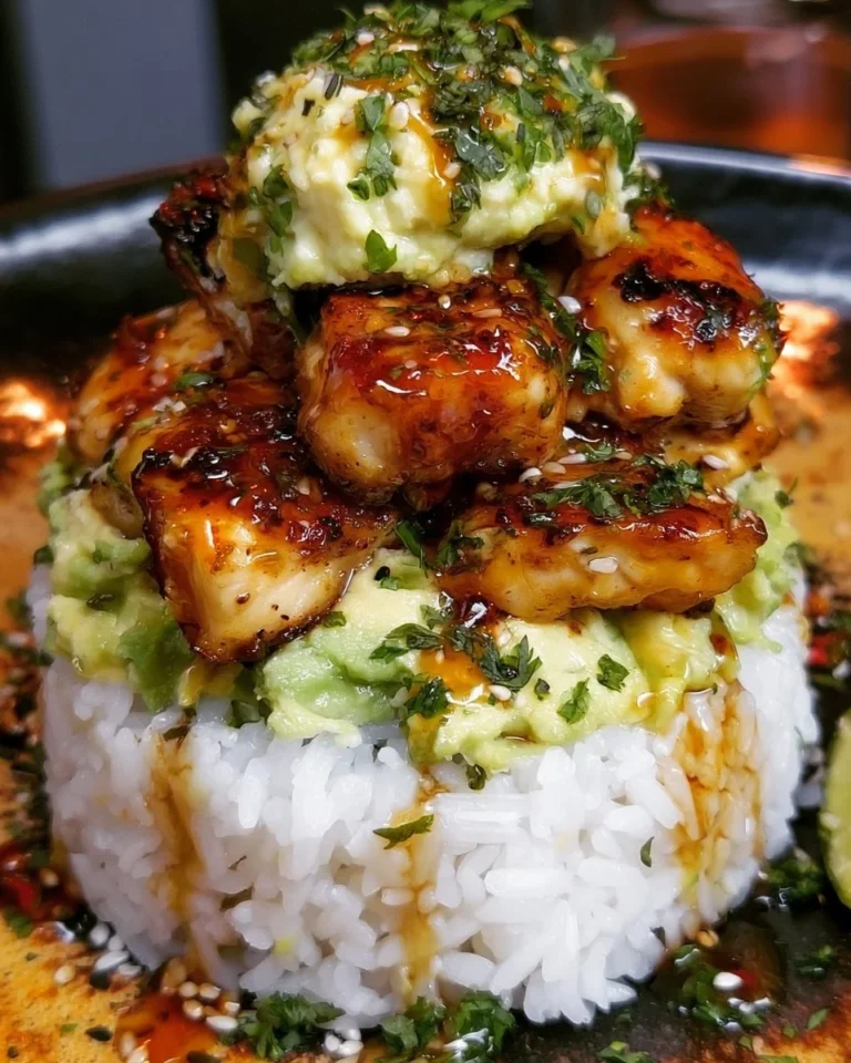 Honey Lime Chicken served on avocado rice stack for a fresh, delicious meal