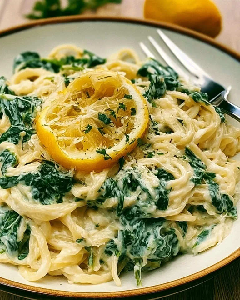 Plate of Lemon Ricotta Pasta with Spinach garnished with lemon zest and herbs