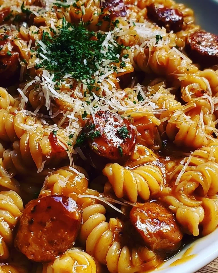 One-pot honey BBQ sausage pasta cooked in a rich sauce with vegetables