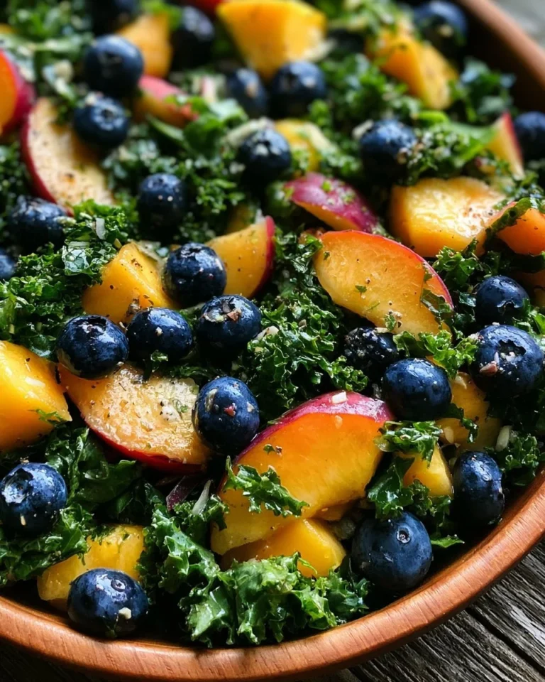 Peach and blueberry kale salad topped with nuts and dressing.