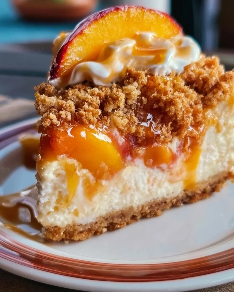 Delicious Peach Cobbler Cheesecake topped with fresh peaches and crumbs