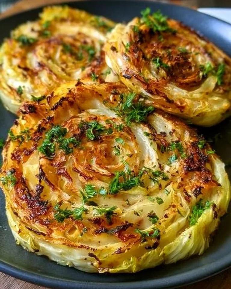 Two roasted cabbage steaks garnished with spices and herbs on a plate.
