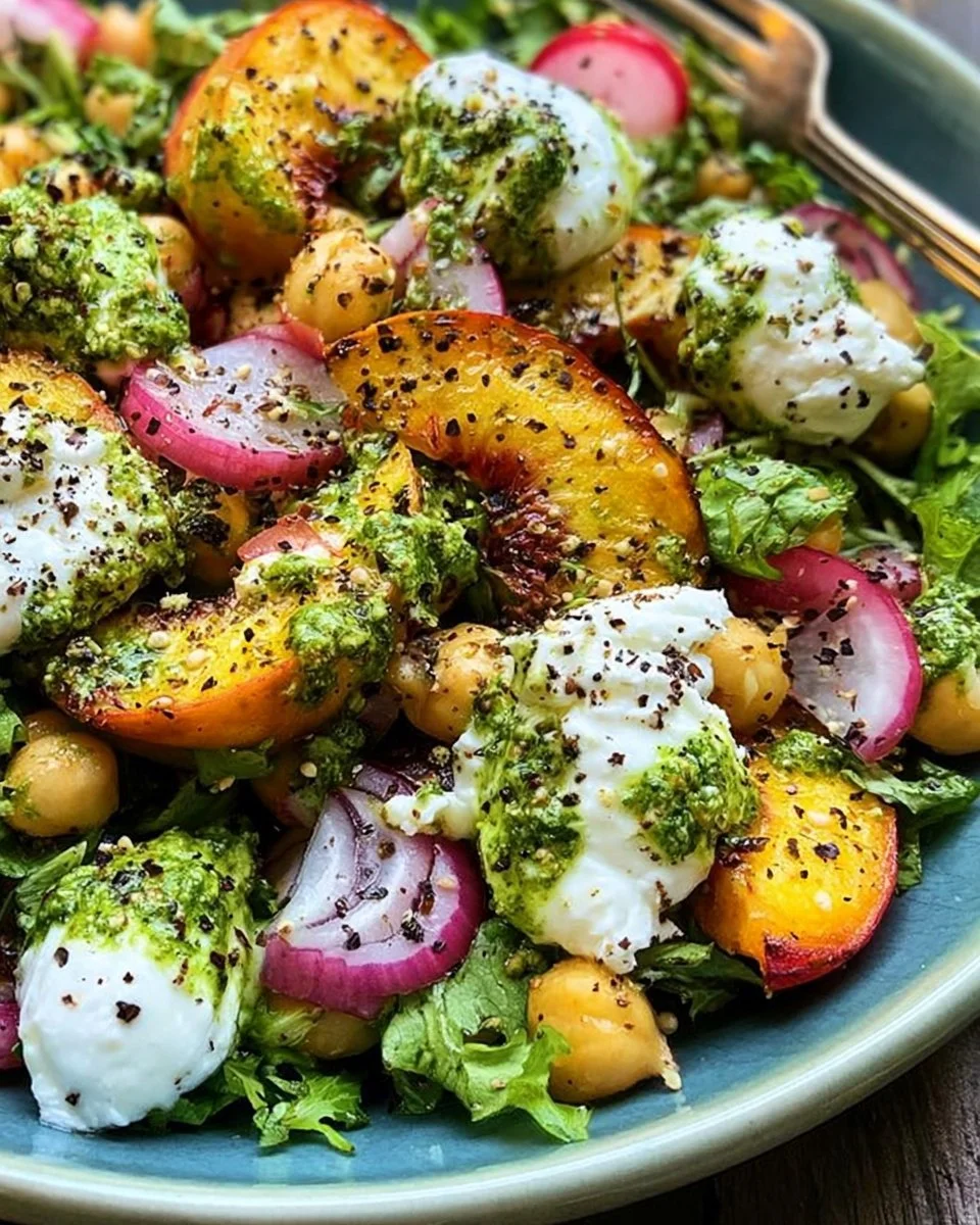 Roasted Peach Salad with Burrata and Pesto