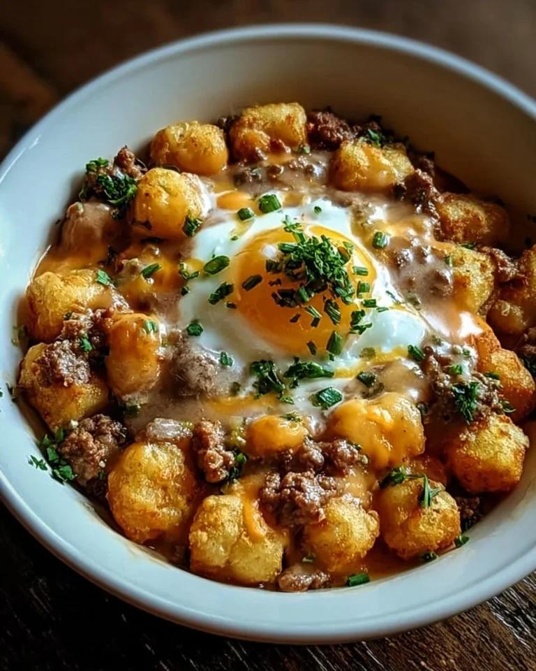Delicious Sausage Gravy Tater Tot Breakfast Bowl served in a rustic dish