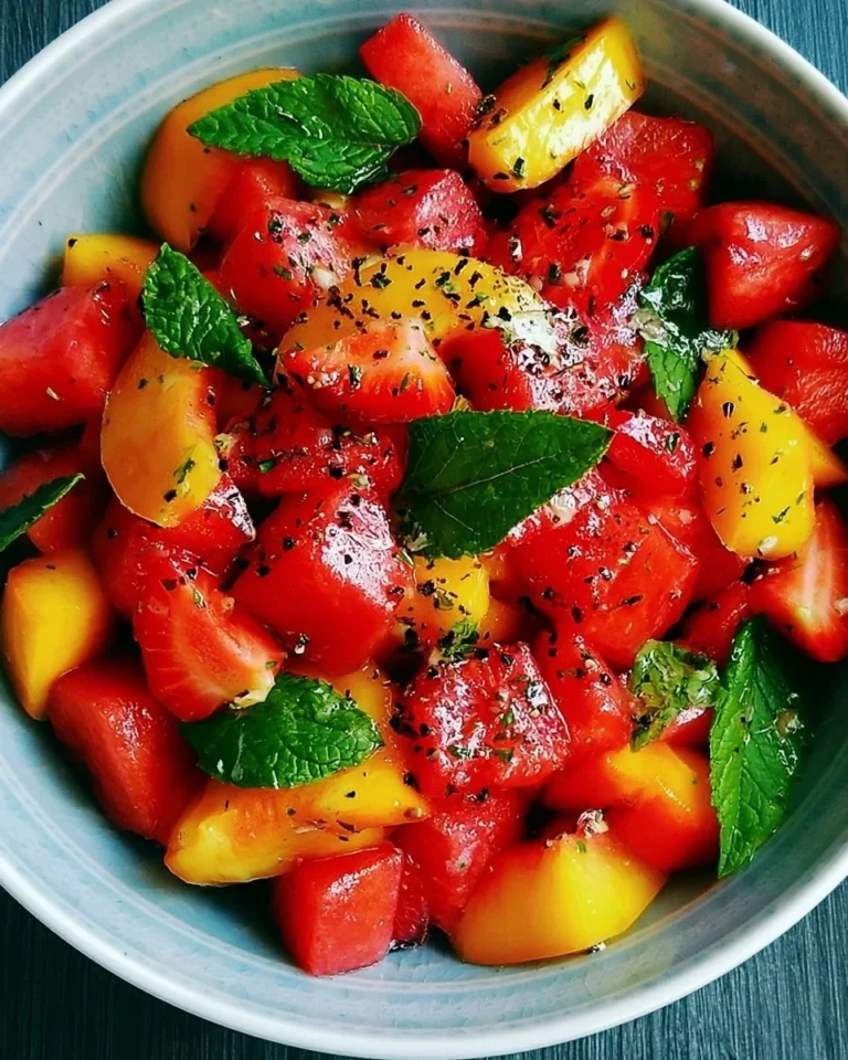 A colorful bowl of peach watermelon salad garnished with mint leaves.