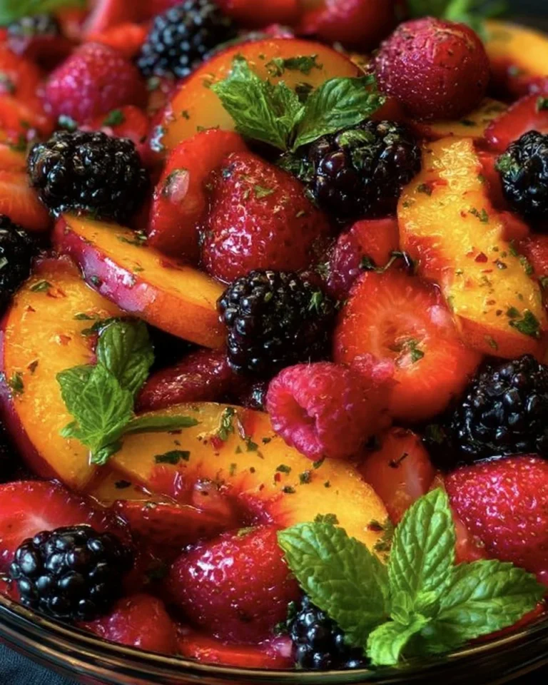 Bowl of vibrant summer fruit salad with peaches and strawberries