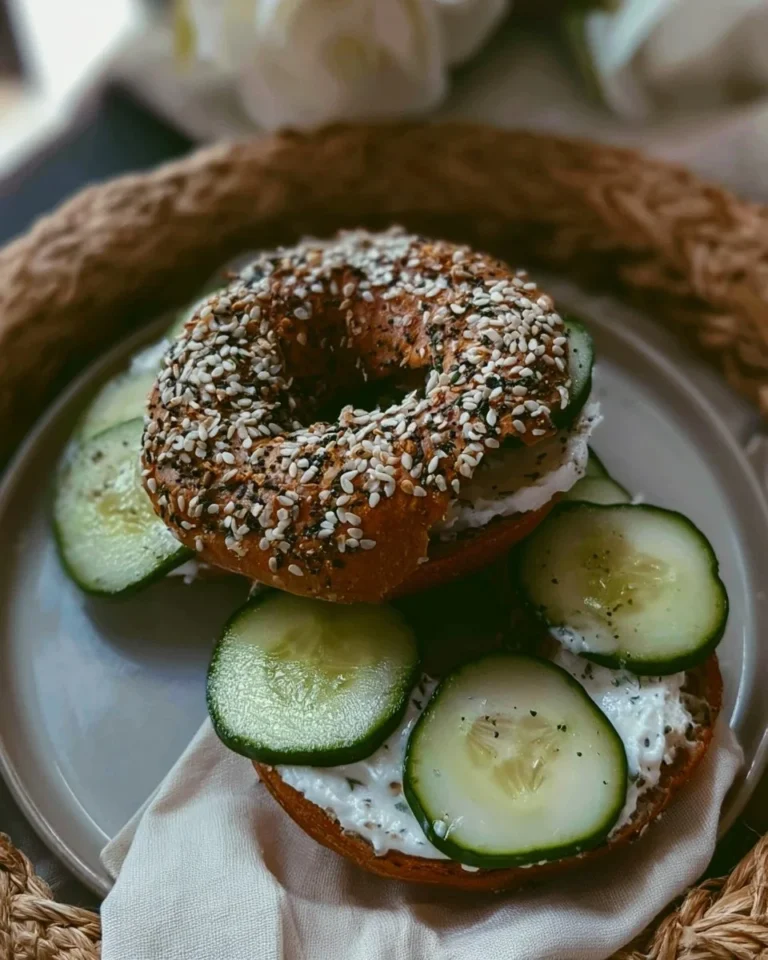 Delicious cucumber bagel garnished with fresh vegetables and herbs