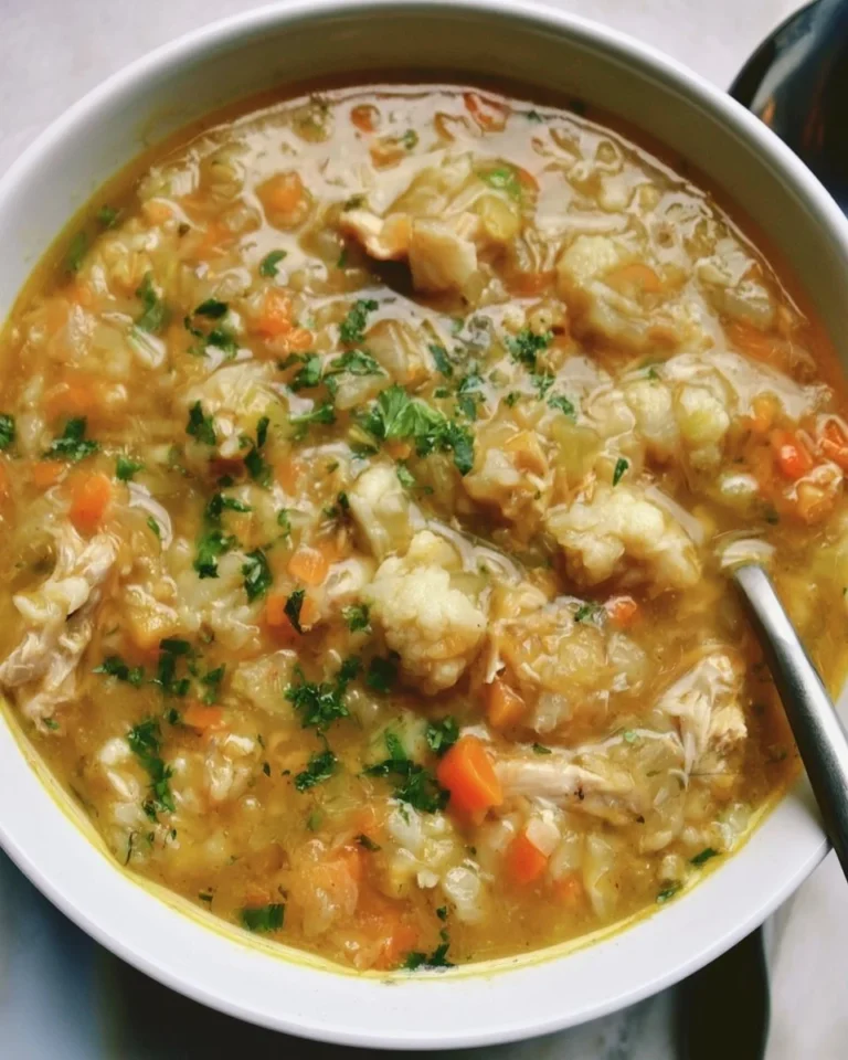 Bowl of anti-inflammatory cauliflower chicken soup with fresh herbs and vegetables.