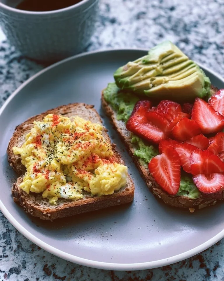 Avocado toast topped with scrambled eggs and fresh strawberries on a plate.