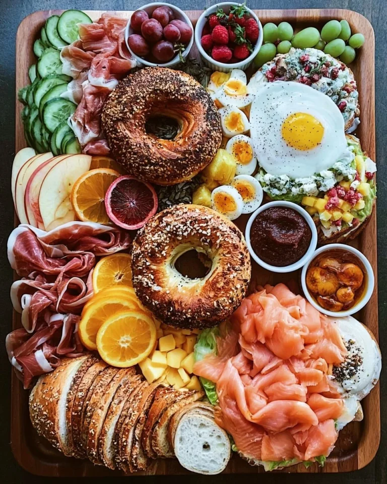 Bagel Breakfast Charcuterie Platter with assorted toppings and sides.