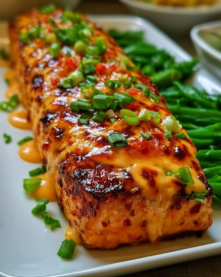 Baked Bang Bang Salmon garnished with herbs on a white plate
