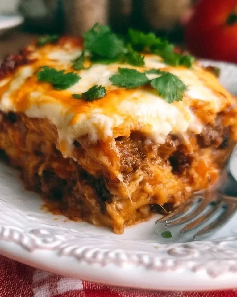 Delicious beef enchilada casserole topped with cheese and cilantro
