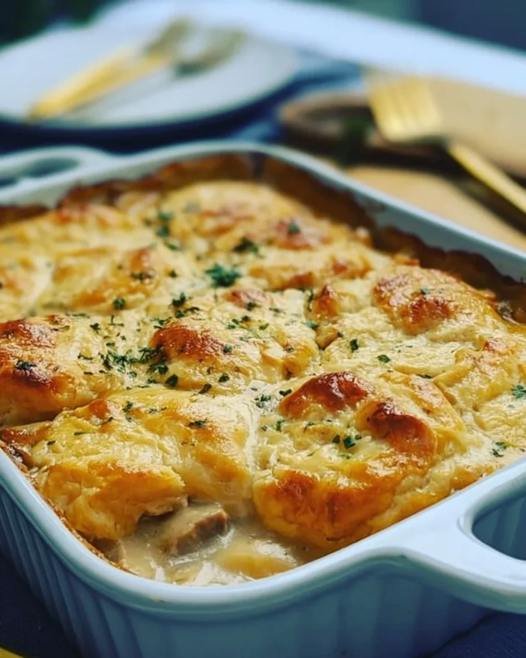 Biscuits and Gravy Casserole served in a baking dish