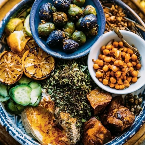 A vibrant spread of Blue Zone recipes showcasing colorful, healthy ingredients for longevity.