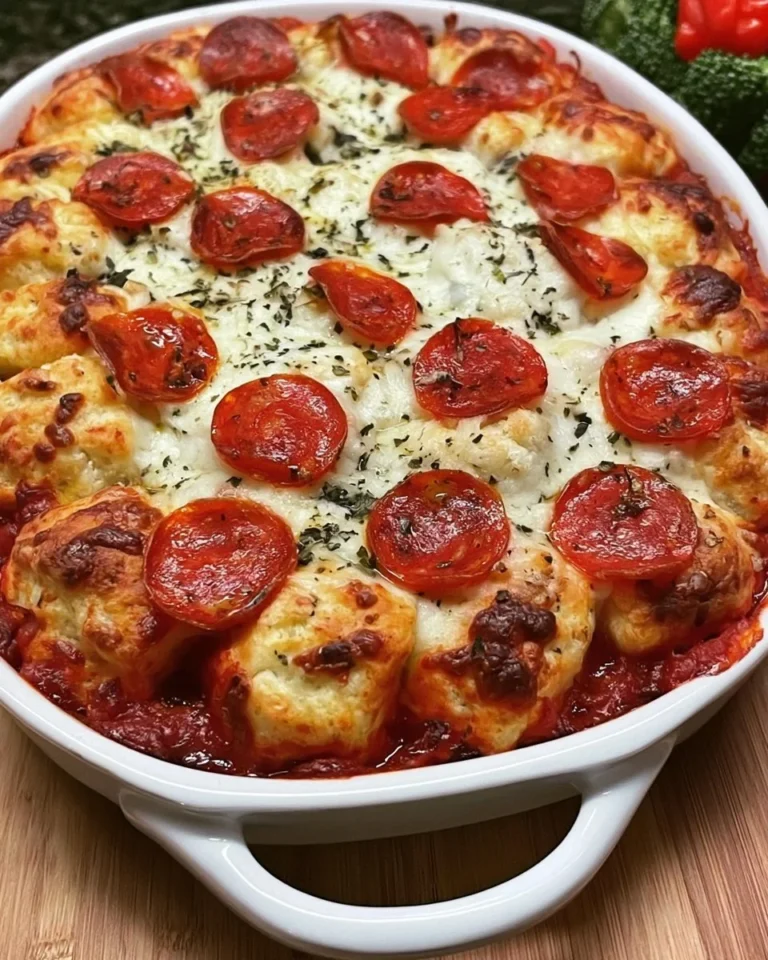 Delicious Bubble Up Biscuit Pizza Casserole served in a baking dish