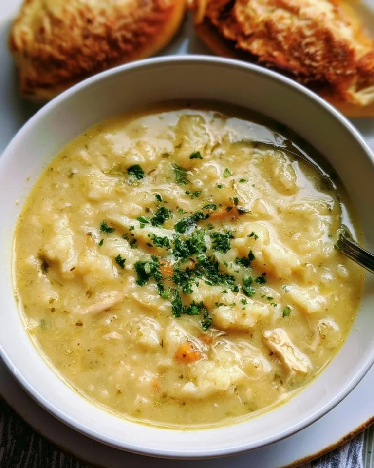 Bowl of creamy Cauliflower Chicken Soup garnished with herbs