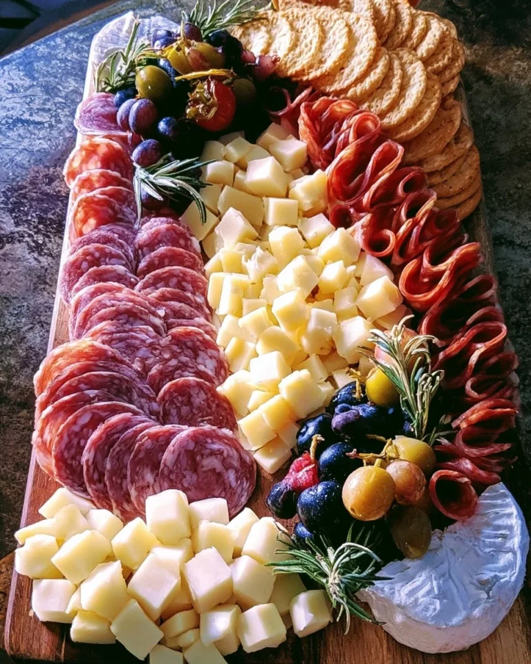 Beautifully arranged cheese and charcuterie board with various meats and cheeses