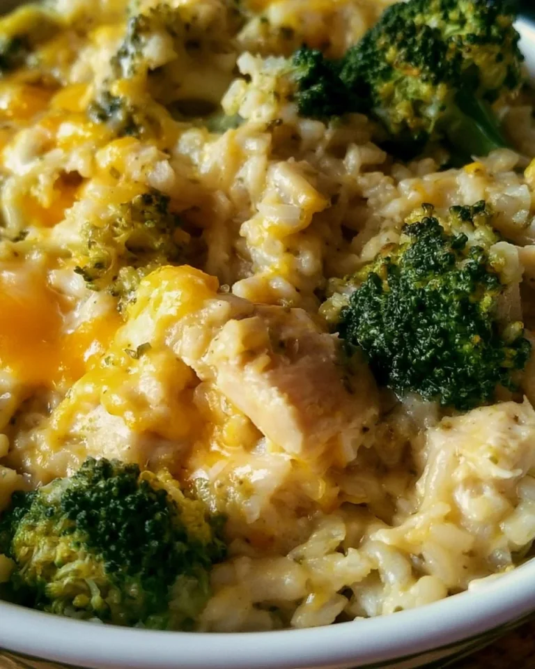 Cheesy chicken and rice casserole with broccoli in a baking dish