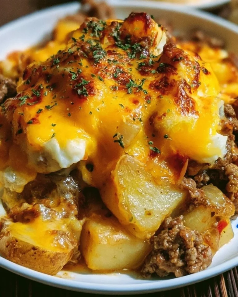 Delicious cheesy hamburger potato casserole served in a baking dish