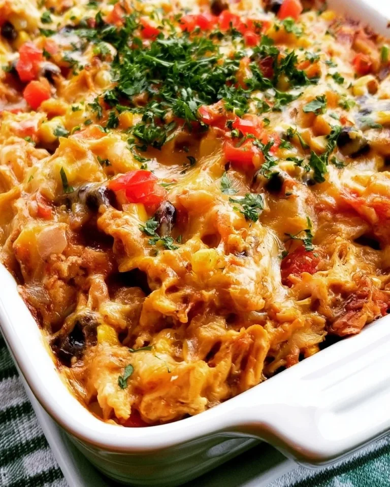 Delicious Chicken Burrito Casserole served in a baking dish