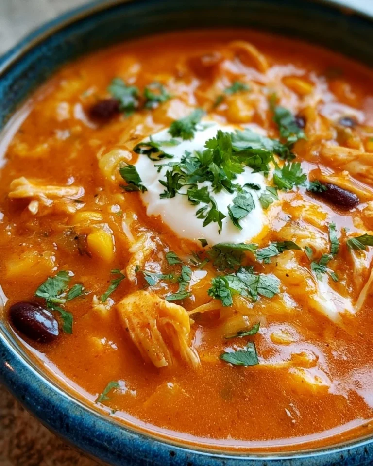 Delicious bowl of Chicken Enchilada Soup topped with cheese and cilantro.