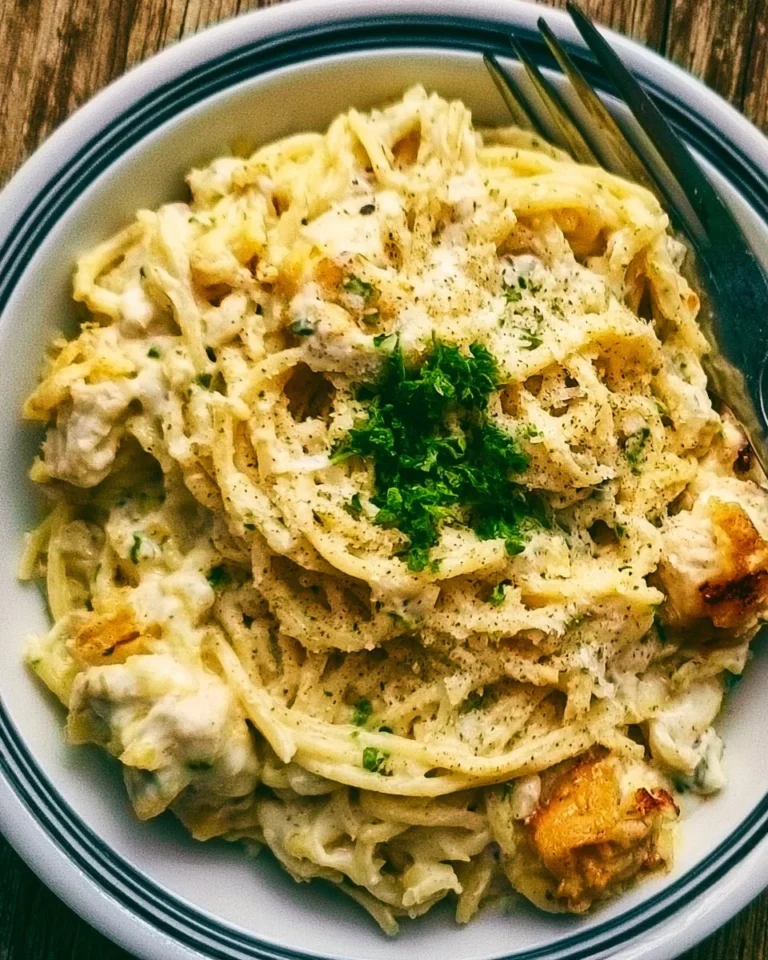 Easy Chicken Tetrazzini recipe with creamy sauce and pasta