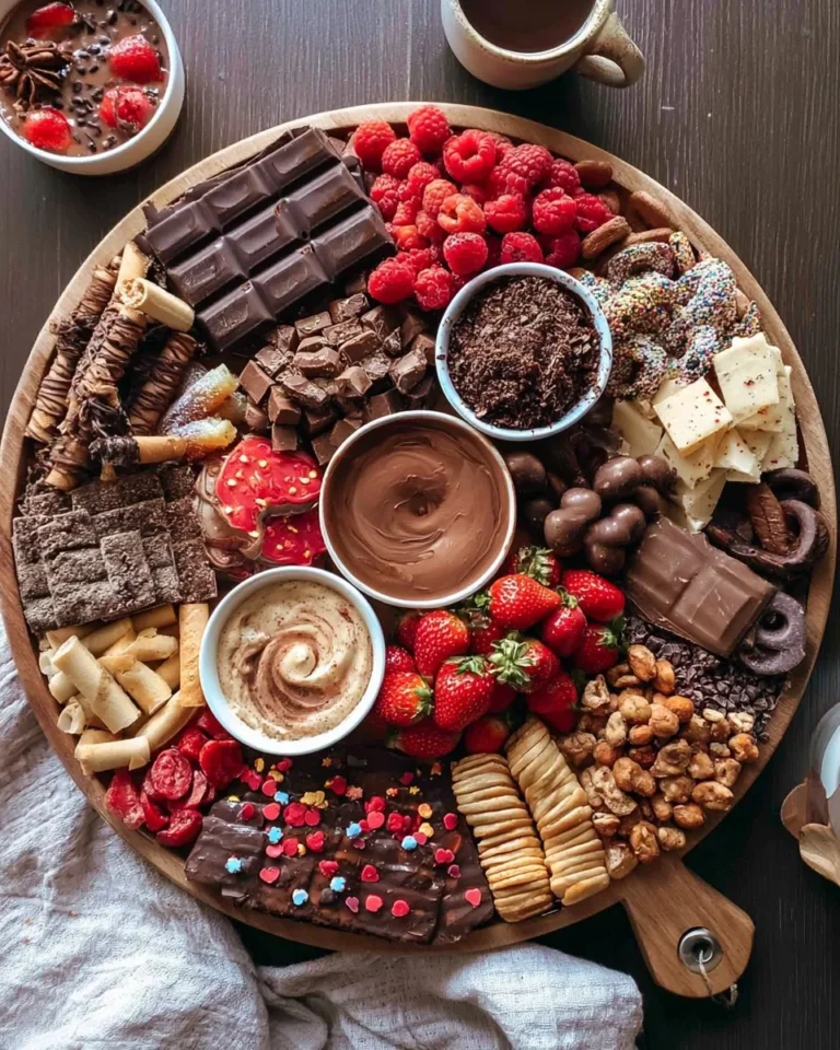 A beautifully arranged chocolate charcuterie board with various sweet treats and fruits.