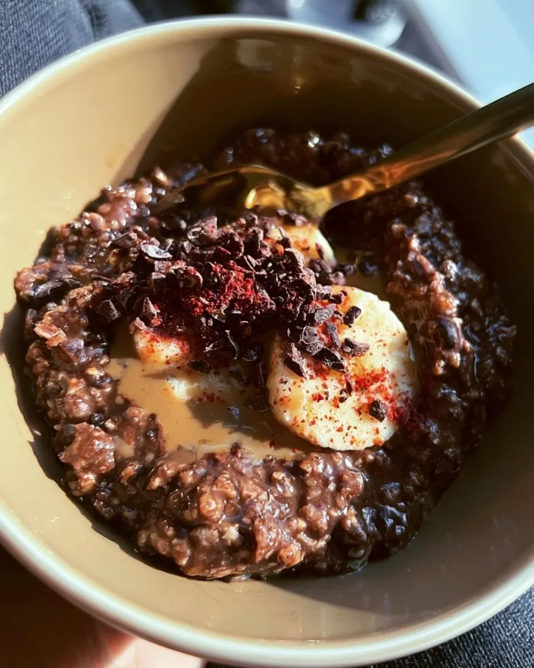 Bowl of decadent chocolate oatmeal topped with fruits and nuts.