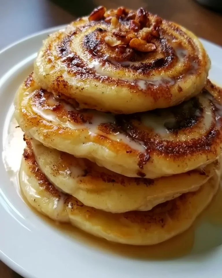 Delicious cinnamon roll pancakes drizzled with cream cheese glaze