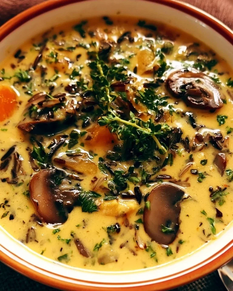 Bowl of cozy autumn wild rice soup with vegetables and herbs.