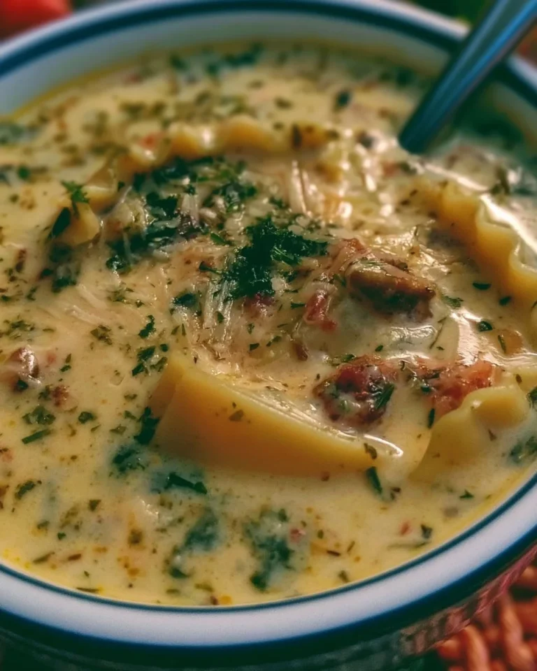 Bowl of creamy Alfredo Lasagna Soup with cheese and herbs