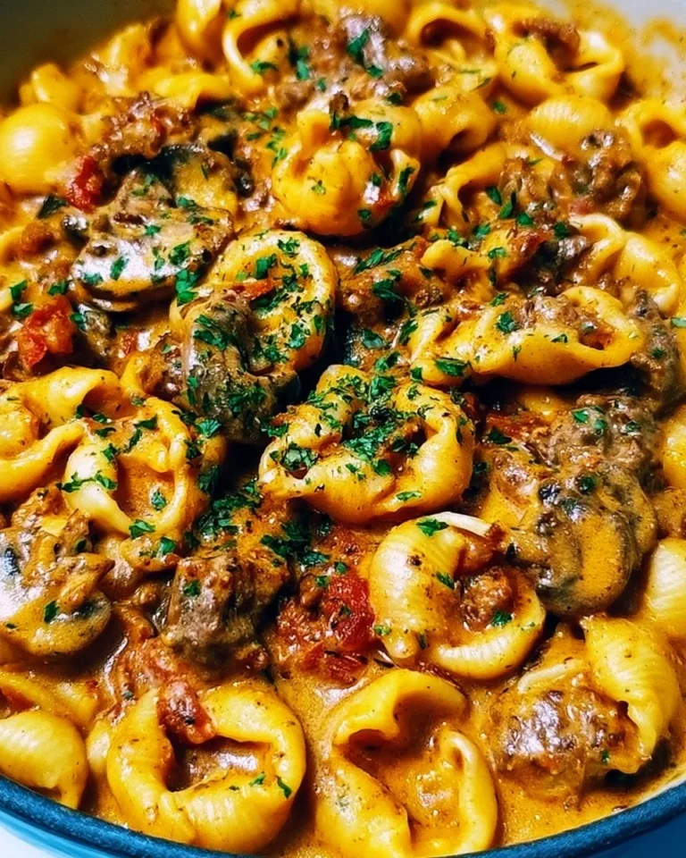 Creamy beef and shells pasta served in a bowl with herbs on top.