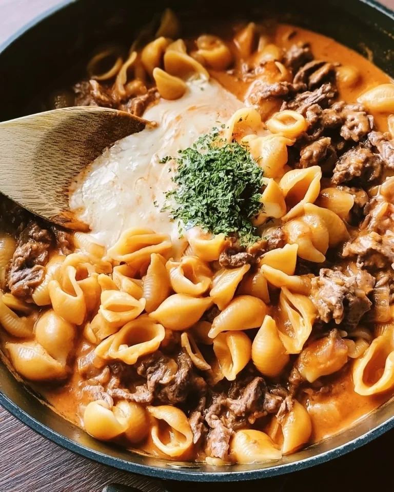 Creamy beef pasta shells served in a bowl, garnished with herbs.