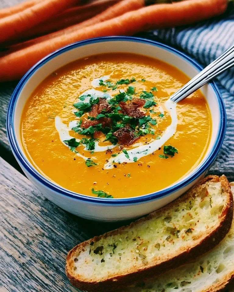 Creamy carrot soup served in a bowl with fresh herbs on top