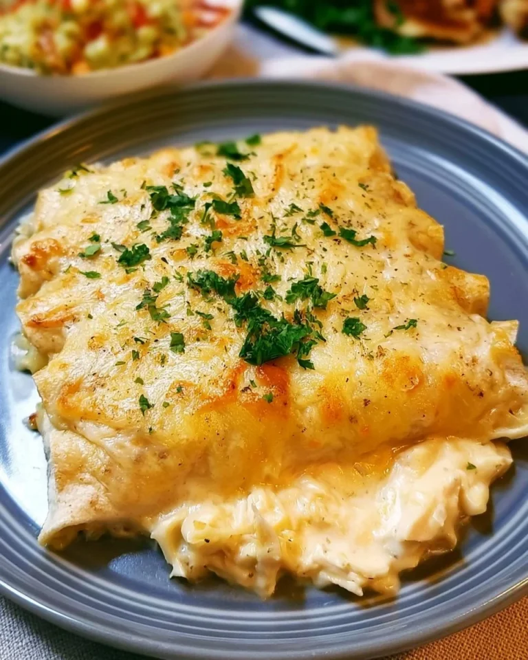 Creamy chicken enchiladas topped with white sauce and garnished with cilantro