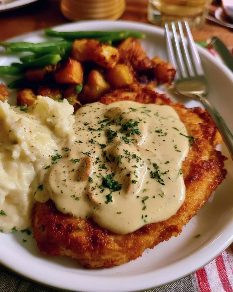 Creamy chicken schnitzel served with rich sauce on a plate