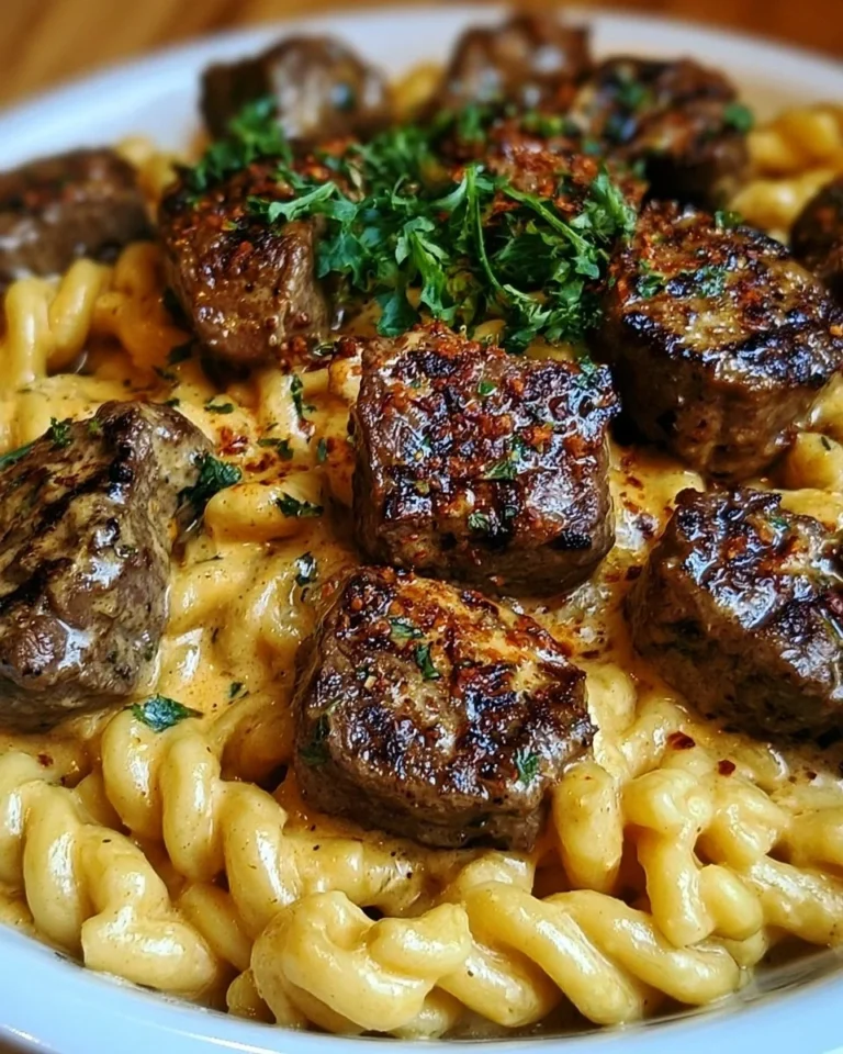 Creamy garlic butter steak bites served with spicy Cajun Alfredo twisted pasta.