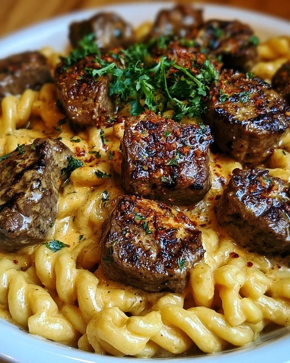 Creamy Garlic Butter Steak Bites with Spicy Cajun Alfredo Twisted Pasta