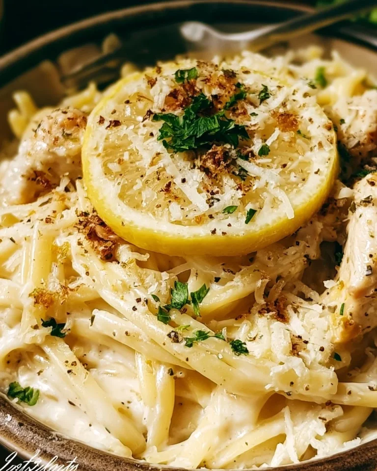 Delicious creamy lemon chicken pasta dish garnished with fresh herbs