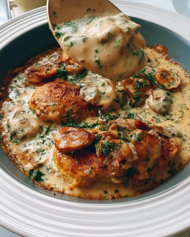 Creamy mushroom chicken served with fresh herbs and side vegetables