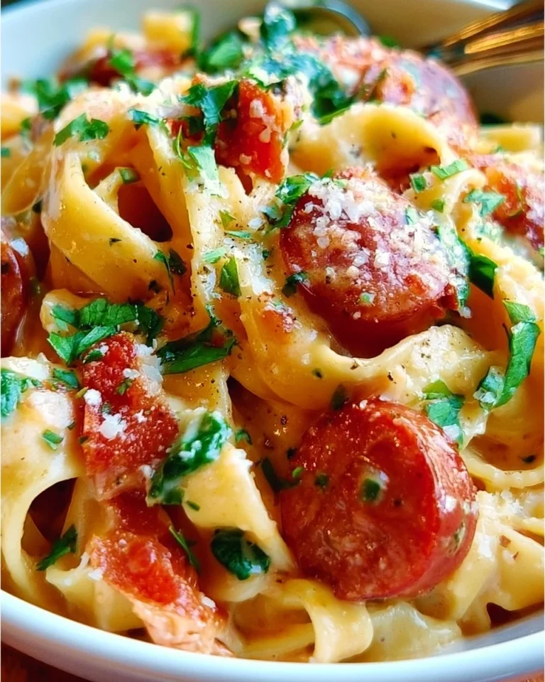 Creamy pasta dish featuring smoked sausage and rich sauce