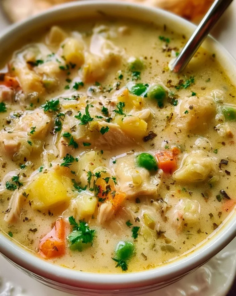 Bowl of creamy pot pie soup with chicken and vegetables