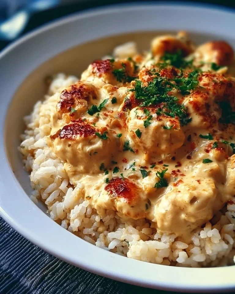 Creamy smothered chicken served over fluffy rice in a delicious sauce.